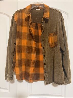 Easel Two-Tone Corduroy & Plaid Button-Down Jacket - Orange & Olive Green